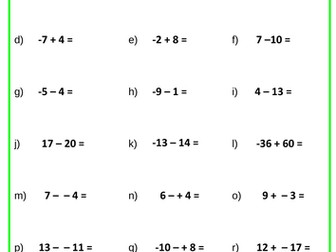 Adding and Subtracting Integers with Answers