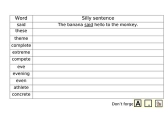 Silly Sentences Spelling Grid