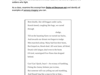 Worksheet: Dulce et Decorum est as a model text for Sensory imagery
