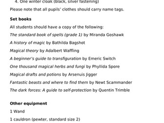 Harry Potter - Hogwarts equipment list
