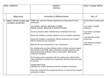 Complex, compound and simple sentence weekly plan