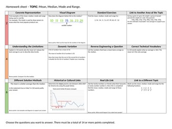 Mean, median, range and mode - Homework grid/sheet