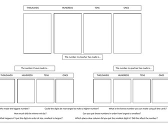 Place Value Game Sheet - 4 digit numbers