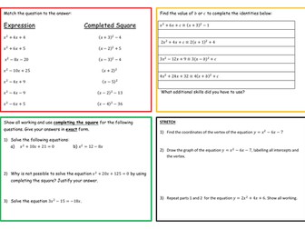 Completing the Square Worksheets