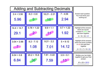 Adding and Subtracting Decimals Puzzle