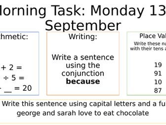 Year 2 Morning Tasks - Autumn Week 1 - Maths, SPAG, Writing