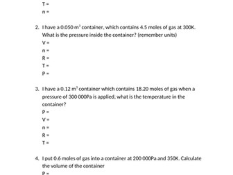 Ideal gas law BSG sheets, pV=nRT