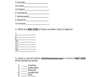 1st Year revision test on numbers and classroom items