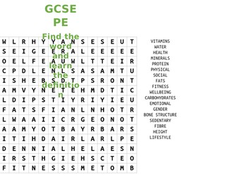GCSE PE Health Wordsearch
