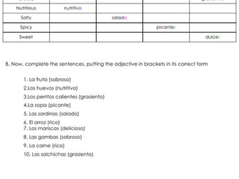 Food Adjectives in Spanish Worksheet