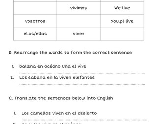 Animals and Habitats Worksheet in Spanish