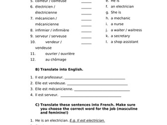 French jobs worksheet