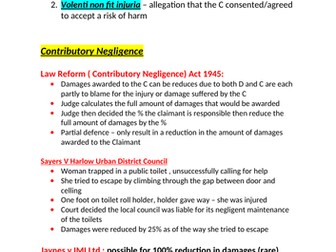 OCR ALEVEL LAW - GENERAL DEFENCES TO NEGLIGENCE  A/A* NOTES