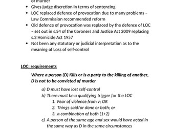 OCR A LEVEL LAW  : LOSS OF CONTROL A/A*  NOTES (DEFENCE FOR MURDER)