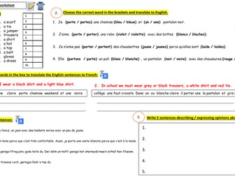 GCSE French - Les vêtements - Worksheet + Knowledge organiser