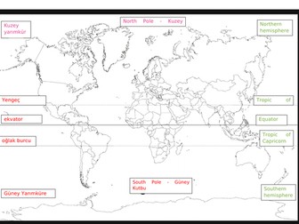 Turkish/English geography language  map of the world