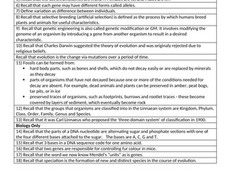 AQA GCSE Biology B1-B7 Checklist, Recall statements and Recall tests