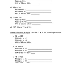 HCF and LCM by listing - scaffolded exercise