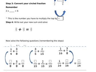 Adding fractions support sheet