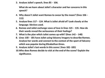 Romeo and Juliet Act 2 scene 2 question sheet