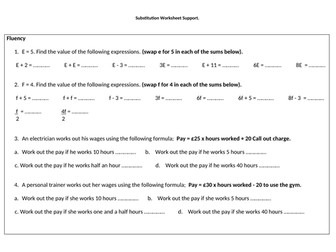 Formulae Substitution Mastery Worksheet (3 Differentiated)