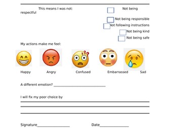 Behaviors reflection sheet