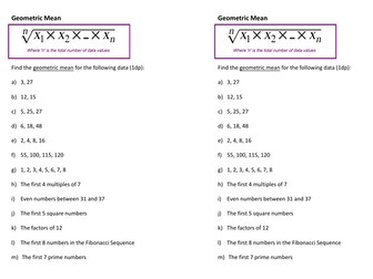 Geometric Mean Worksheet (GCSE Statistics)