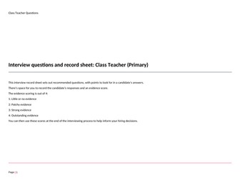 Example Class Teacher job interview questions