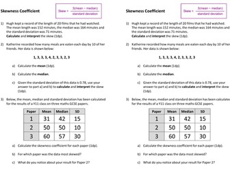 Skewness Coefficient Worksheet (GCSE Statistics)