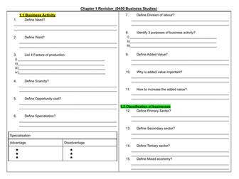 Understanding business activity Revision worksheet