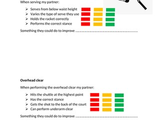 Badminton Peer Assessment Sheet