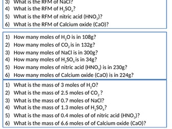 C3; Calculating the amount of substance in equations (mass, moles RFM)