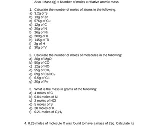 Mole calculations worksheets