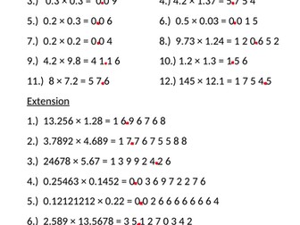 Long multiplication (whole numbers and decimals) - mixed ability