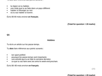 GCSE Edexcel French Writing 80-90 words collection of questions