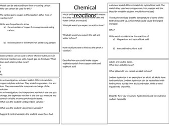 Chemical changes (acids and alkalis) revision sheet with answers