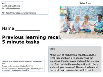 OCR Child Development R057 Examined Unit 5 minute recall tasks