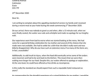 Example Text: FORMAL LETTER of COMPLAINT about a Restaurant