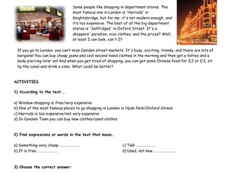Reading comprehension: shopping in London