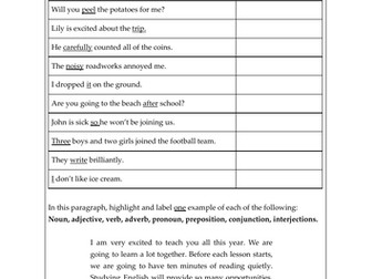 Elements of Speech Worksheet