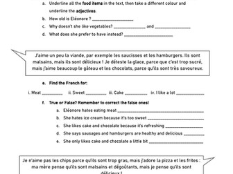 La nourriture narrow reading worksheet