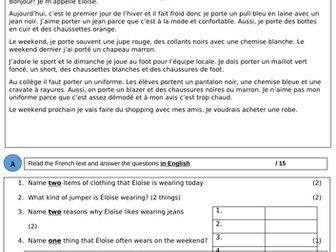 KS4 French: les vêtements (clothes)  worksheet / reading comprehension (with answers)