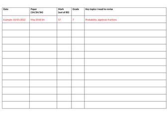 GCSE maths practice paper record sheet