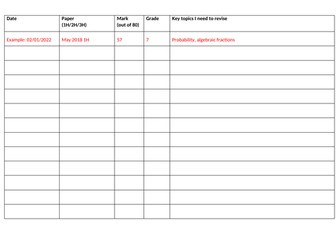 GCSE maths practice paper record sheet