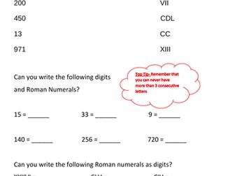 Year 5 Roman Numerals Intro/LA Worksheet