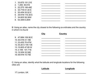 Latitude and Longitude exercise sheet - single lesson/cover/relief lesson