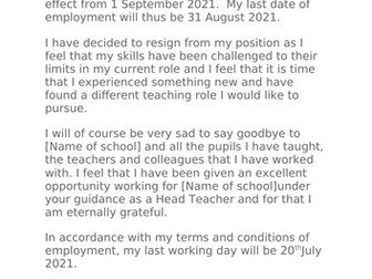 Primary School Teacher Resignation Letter