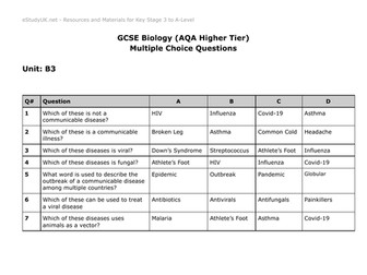 AQA GCSE Biology Multiple Choice Questions (Unit 3)