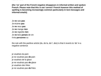 French negation / the negative GCSE revision sheet