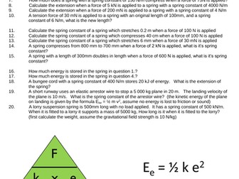 GCSE Physics Springs Calculations Worksheet